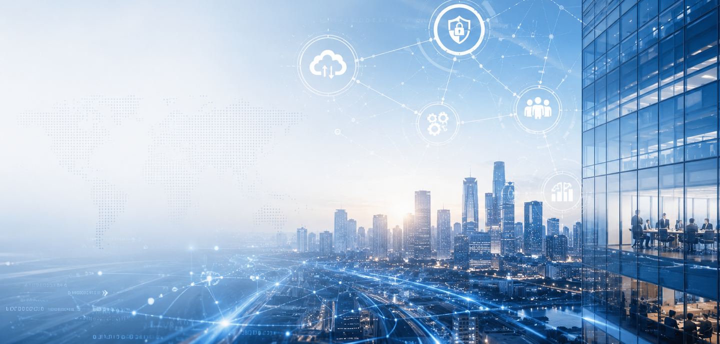 Connected enterprise technology across a modern city skyline, representing cloud, AI and secure digital infrastructure
